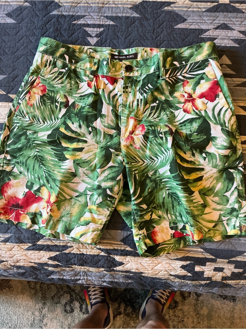 Michael Kors Men’s Green Tropical Leaf Print Shorts with Red Floral Accents